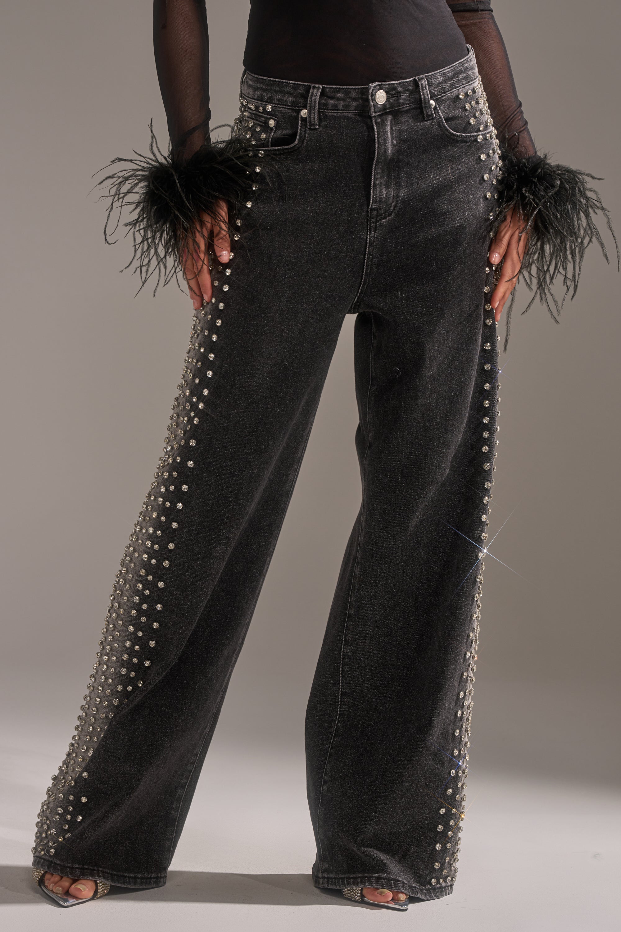 A person wears the FREAKING FIRE EMBELLISHED DENIM—black high-rise wide-leg jeans with silver studs down the sides—paired with a sheer black top featuring dramatic feather cuffs.