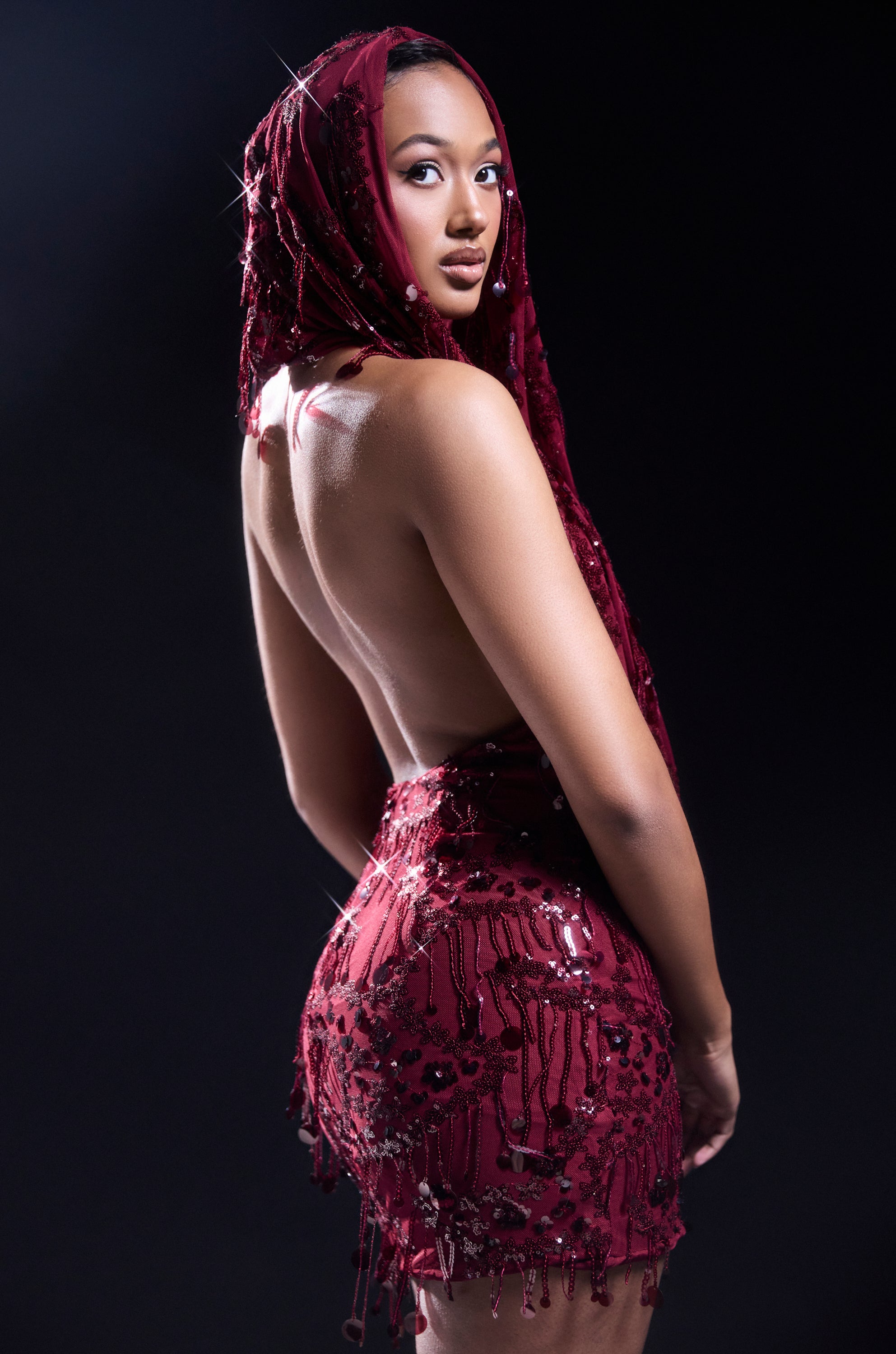 A woman in the MOOD FOR THE NIGHT SEQUIN MINI DRESS, a wine red, backless mini dress with a matching hood, features intricate beading and sparkling sequins as she looks over her shoulder against a dark background.