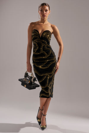SHIMMER IN GOLD MIDI DRESS – AKIRA