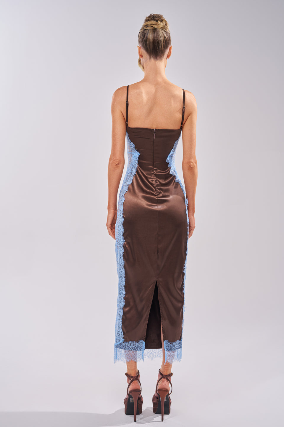 Essential Lace Trim Satin Sleeveless Maxi Dress in Brown