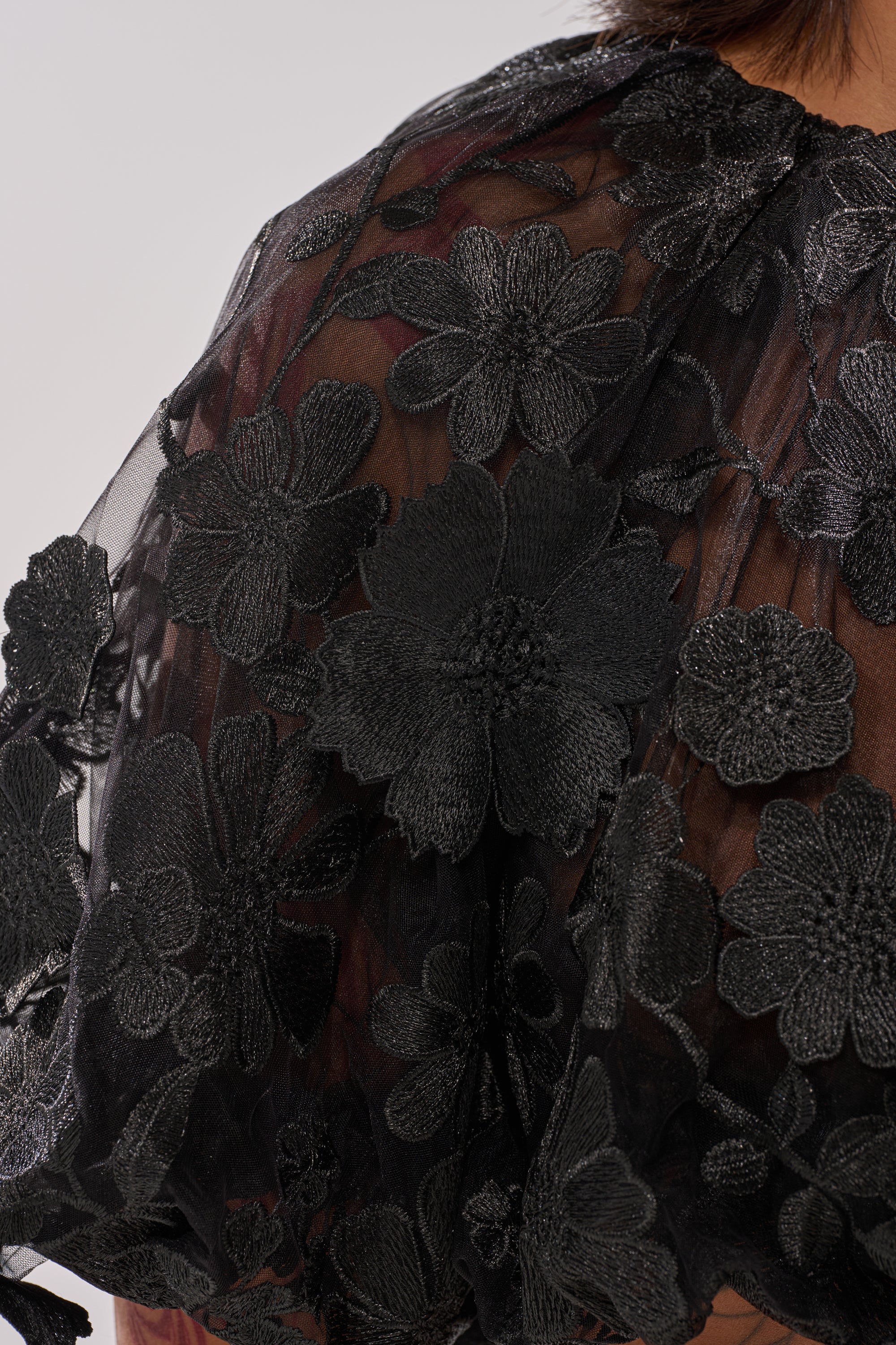 A close-up of the DONT GIVE UP LACE BLOUSE: sheer tulle fabric with large, intricate floral embroidery draped over a shoulder, set against a plain, blurred background. 6