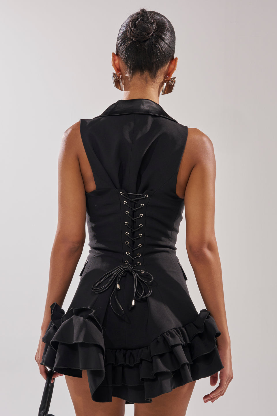 lace up back sleeveless ruffle hem mini dress High Neck Lace Up Back Frill Hem Mini Dress In Black Woven | EGO US