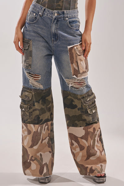 MIXED CAMO DENIM CARGO PANTS – AKIRA