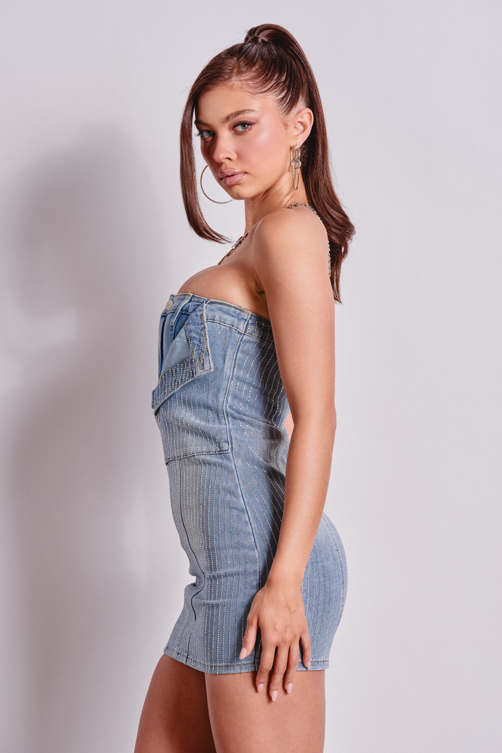BUTTONED UP BEDAZZLED MINI DENIM DRESS AKIRA BUTTONED UP BEDAZZLED MINI DENIM DRESS AKIRA