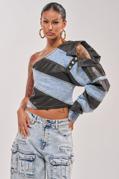 Faux Leather Denim One-Shoulder Cropped Top | AKIRA