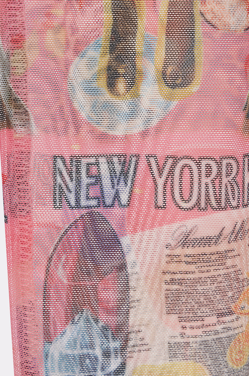 IN THE ZINE MESH GLOVES feature sheer mesh material with a collage-style graphic print showcasing "NEW YORK," building elements, and vibrant patterns. 4