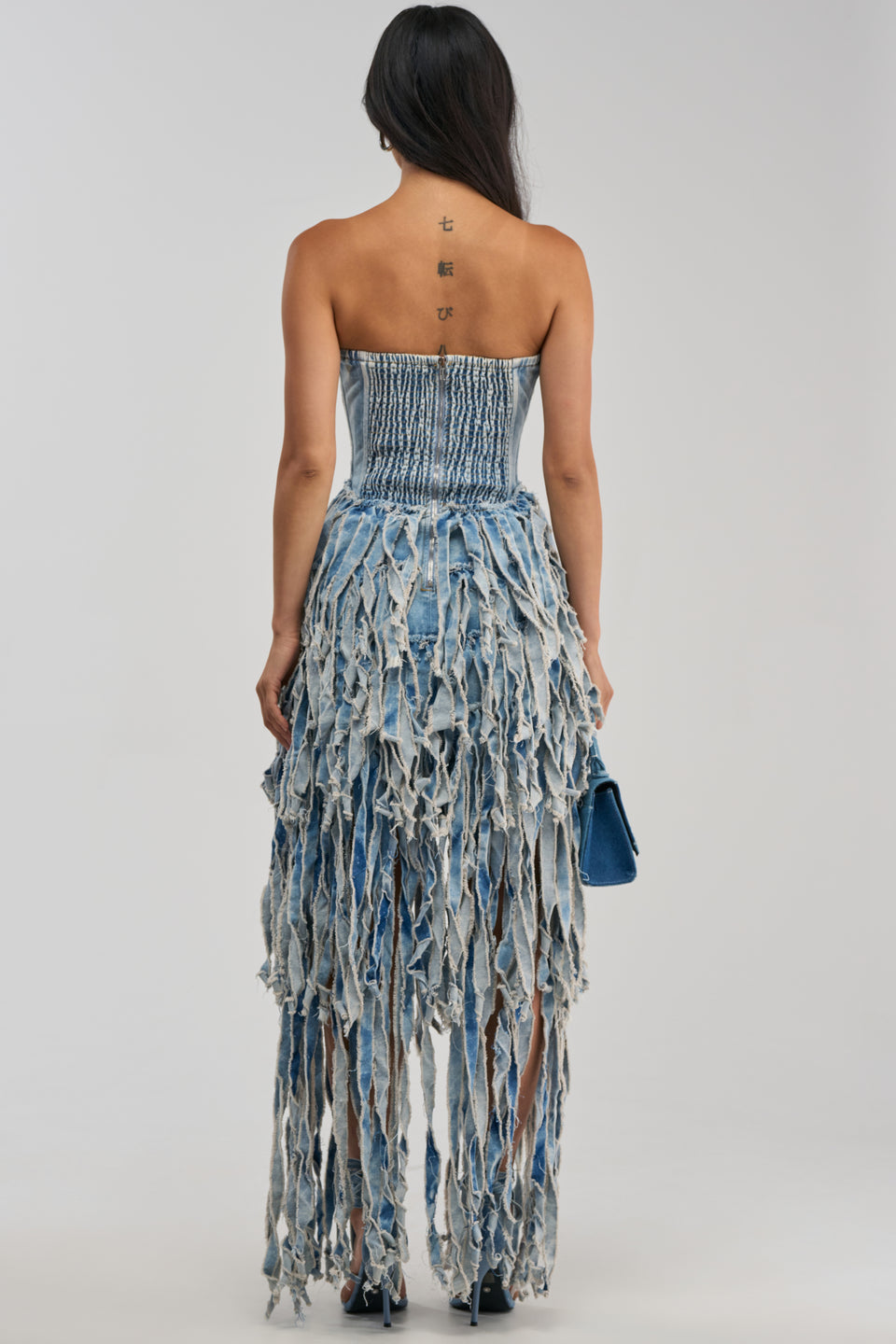 Strapless Denim Fringe Gown Dress