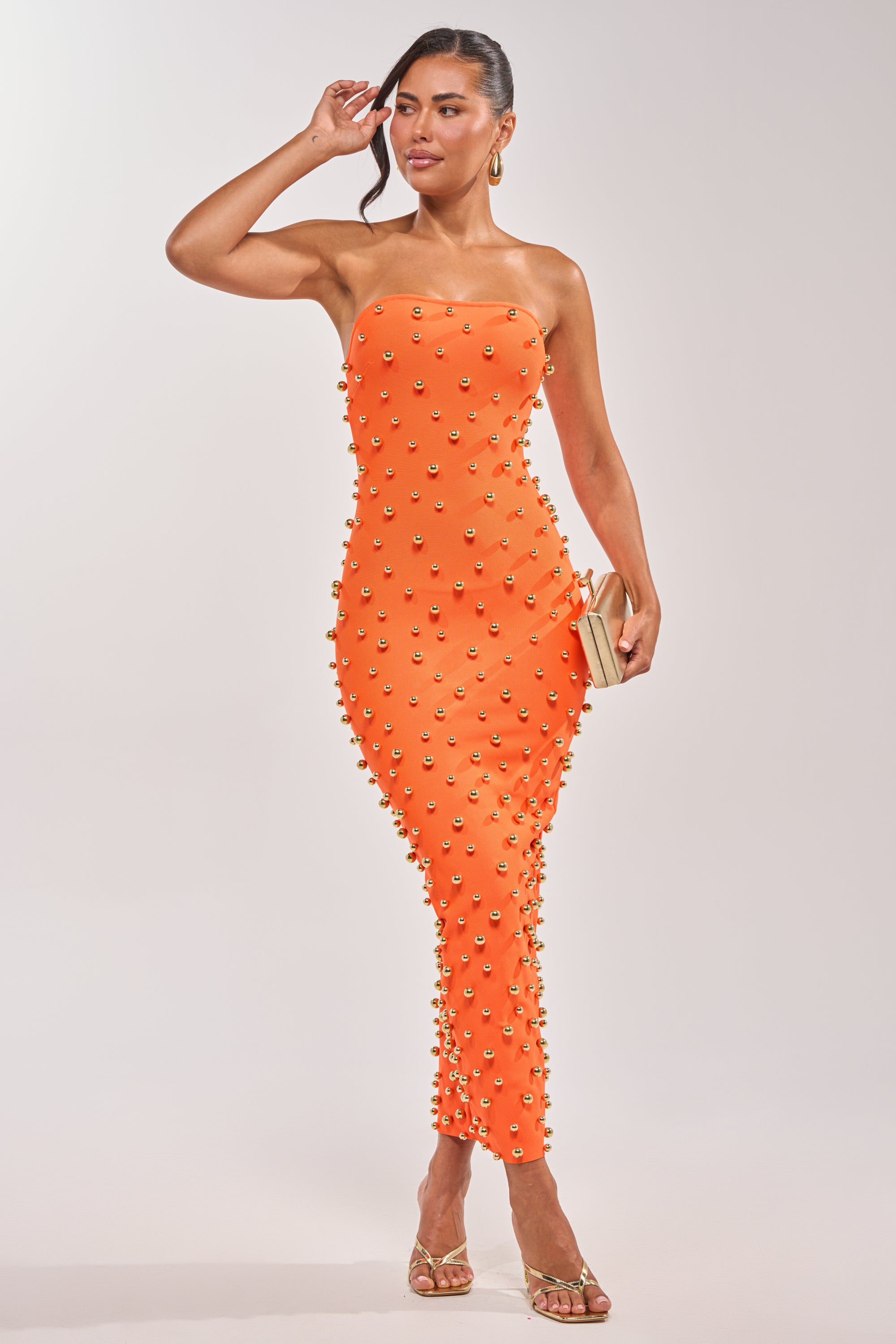 studded midi dress AKIRA Serving Looks Strapless Studded Midi Dress