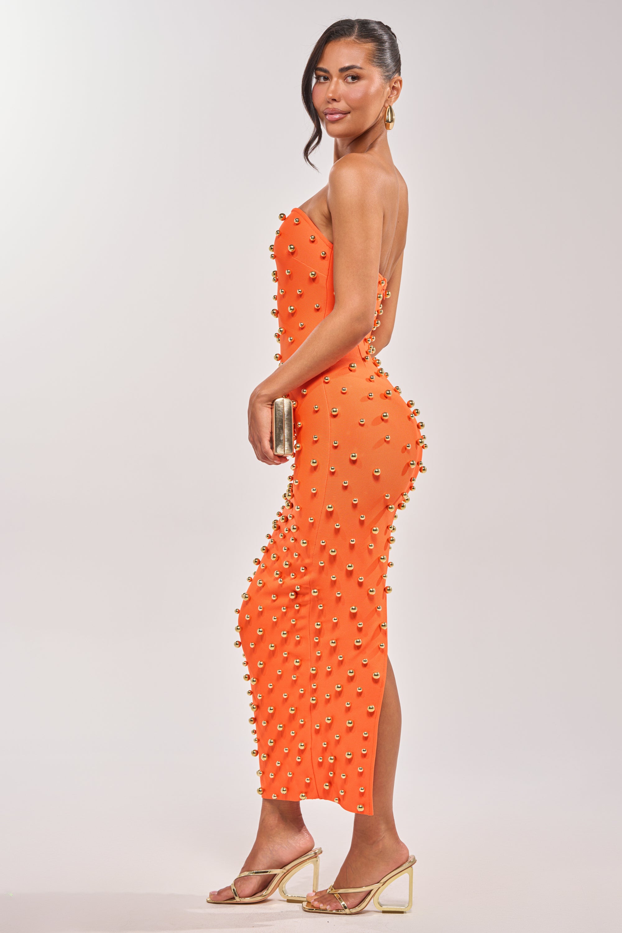 gold strapless midi dress AKIRA Serving Looks Strapless Studded Midi Dress