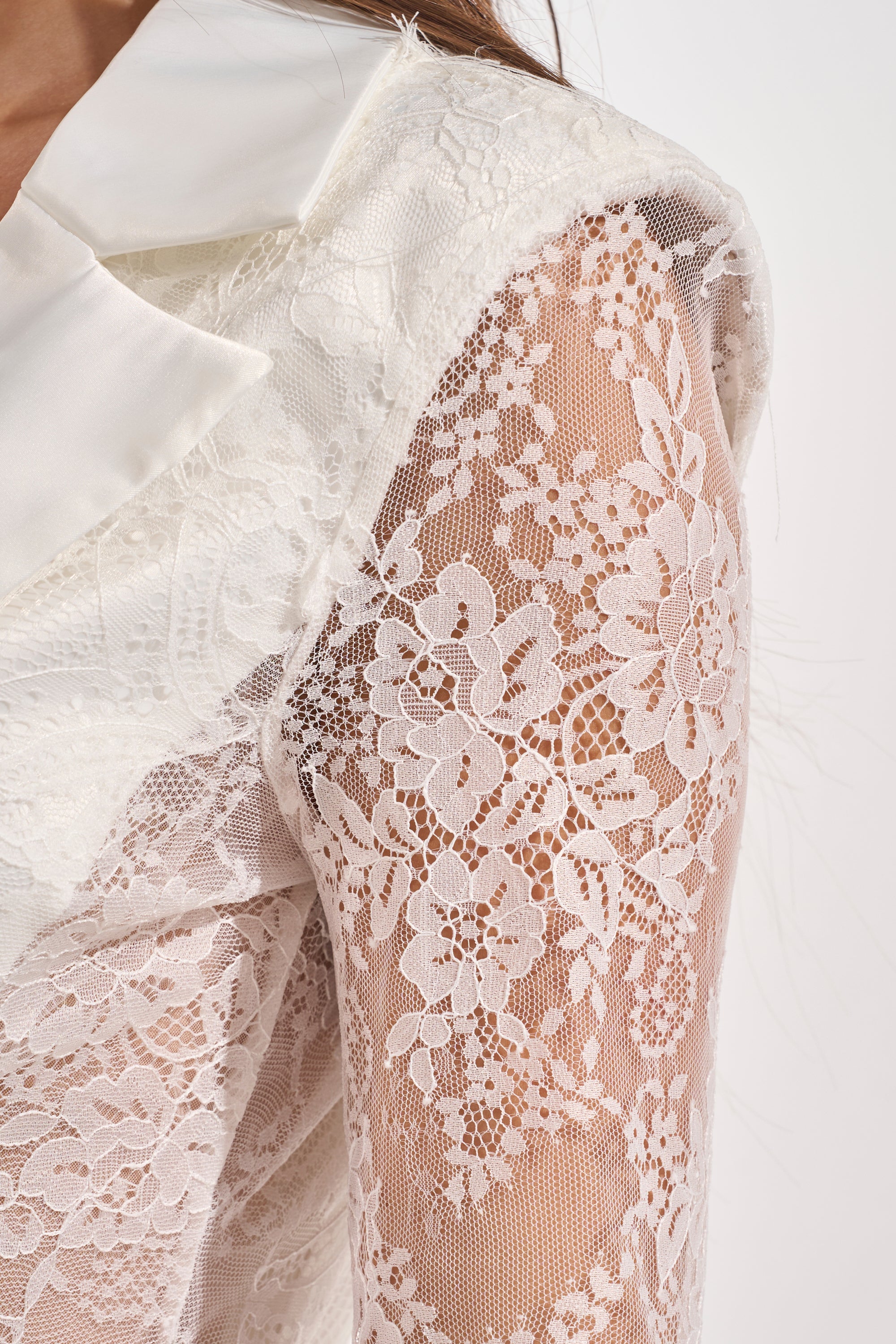 Close-up of a person wearing the SHE MEANS BUSINESS BLAZER MINI DRESS IN WHITE, featuring a solid white collar and sheer floral lace sleeves that highlight its intricate, elegant detailing. 6