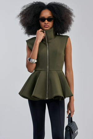 Neoprene Peplum Vest in Olive, Fitted Top | AKIRA