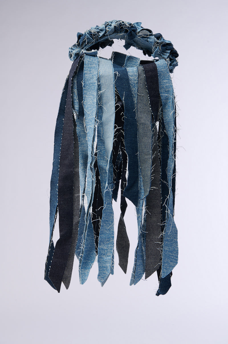 The ULTIMATE INSPO SHREDDED DENIM PURSE features long, distressed denim fringe in various shades cascading against a plain light background.