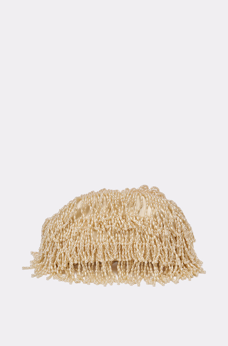 The ON AN ISLAND PEARL CLUTCH is a gold evening bag adorned with multiple strands of pearls and fringe, shown against a plain white background—an elegant choice for weddings or special occasions. 0