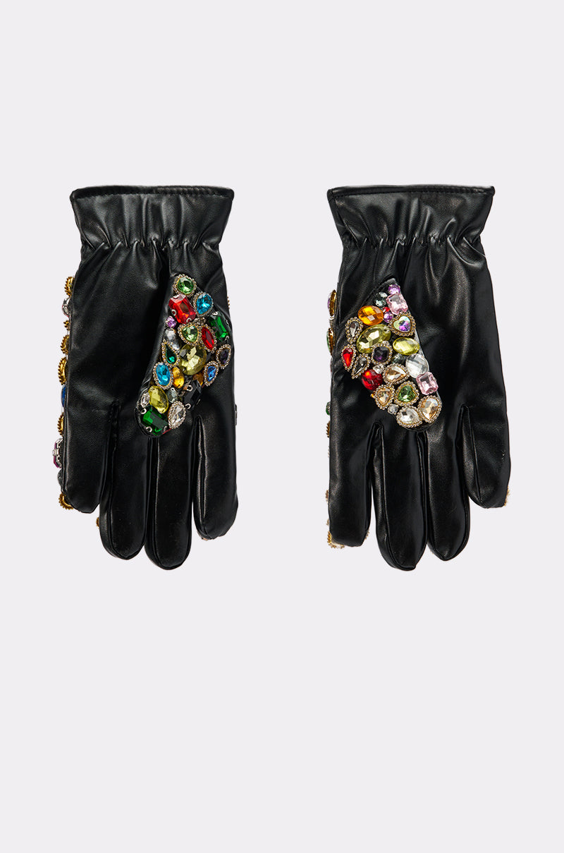 The LOVE YOU BLING GLOVES are black gloves decorated with colorful, faceted gemstones on the backs and sides, displayed against a light gray background. 3