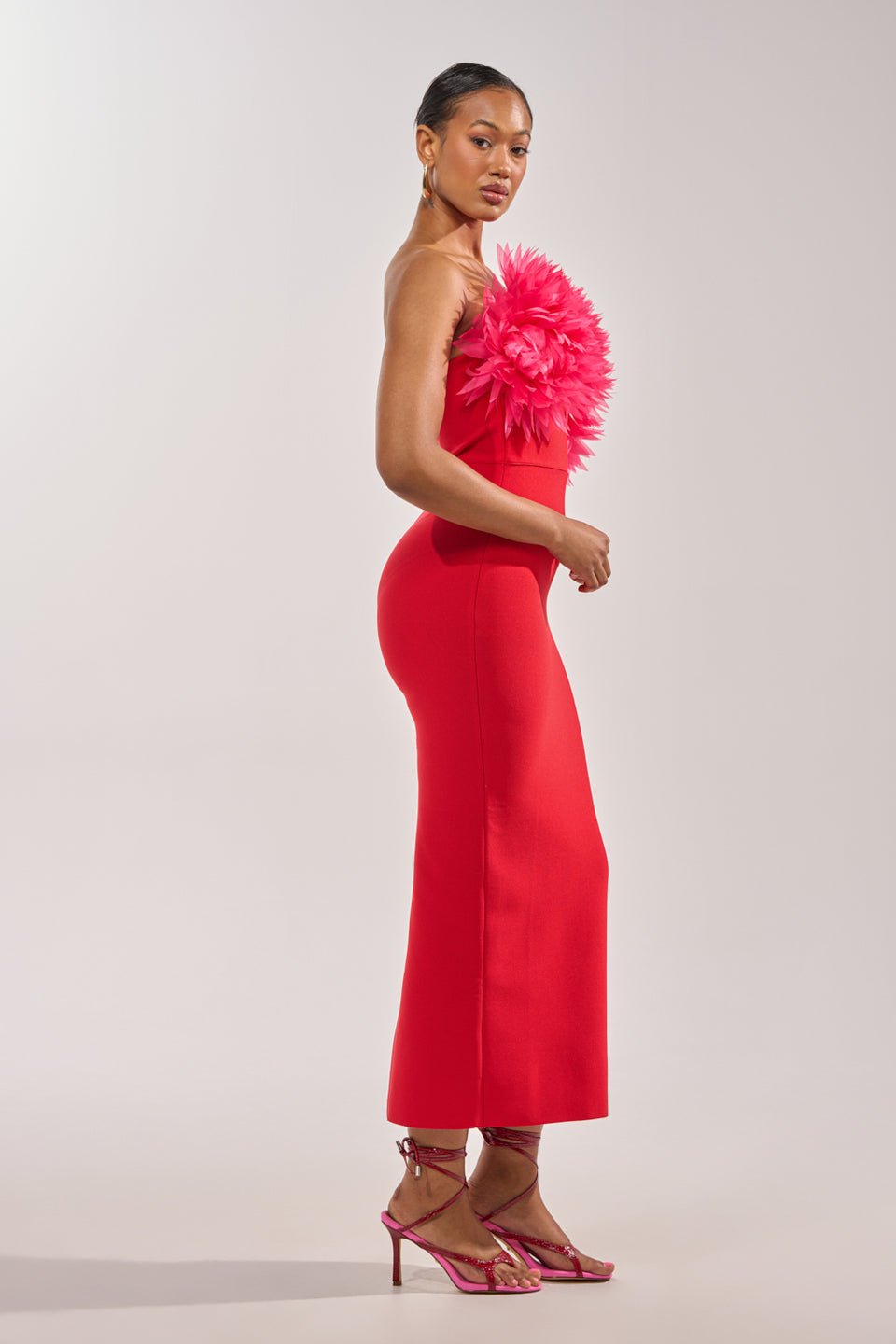 pink bandage midi dress NEW NWT XS Pink Stretch Bandage Bodycon Sleeveless Belted Tie Midi Dress