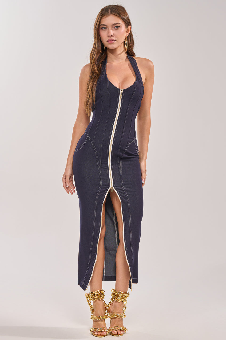 maxi denim bodycon dress Women's Indigo Bodycon Seam Detail Denim Maxi Dress