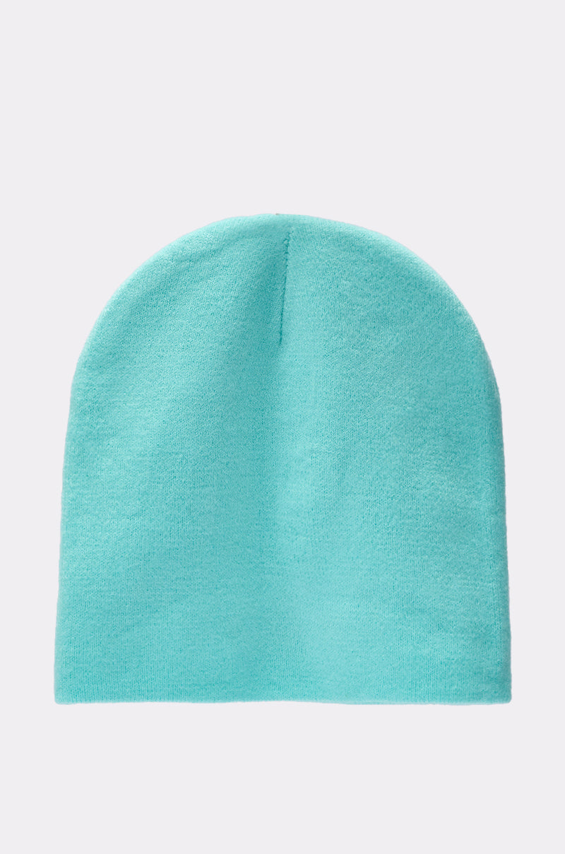 The LEAVE ME ALONE BEANIE, in plain light blue, is shown against a neutral gray background. This stretchy knit beanie provides simple style and cozy comfort for everyday wear. 4