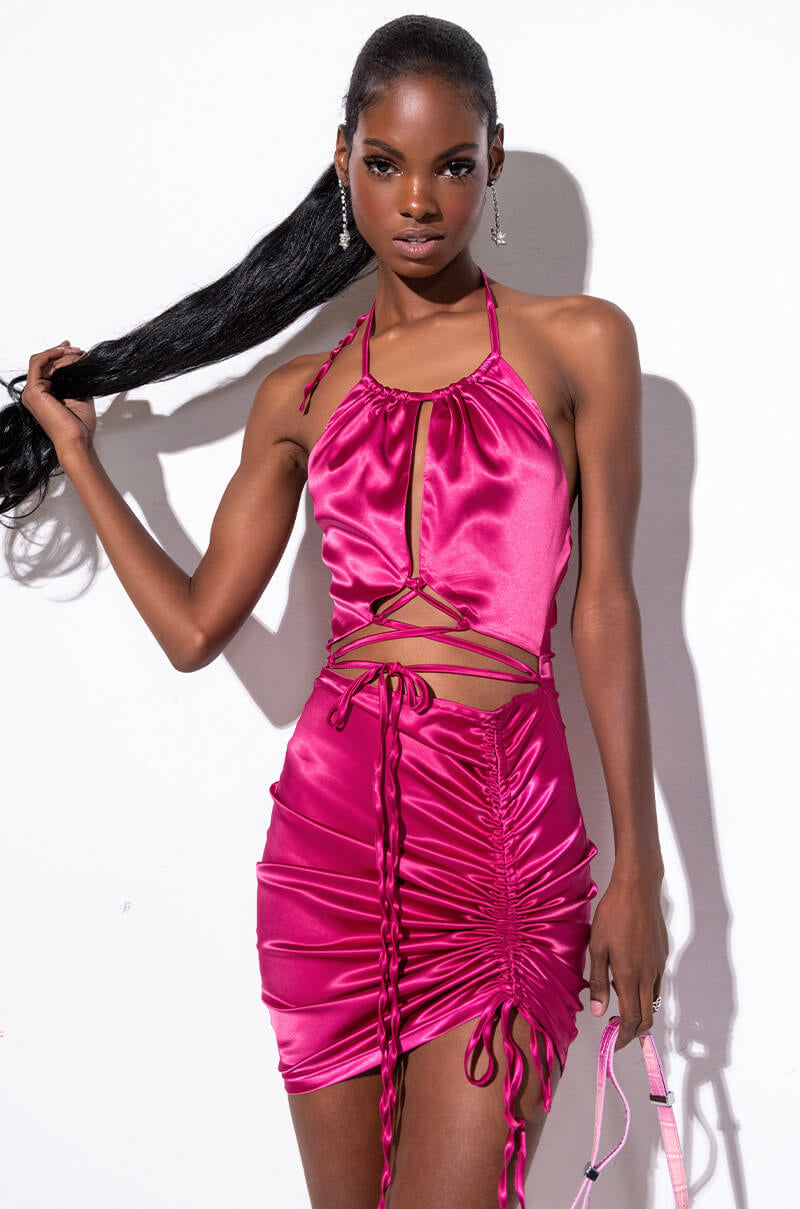 Front View 50 Shades Of Slay Lace Up Satin Ruched Mini Dress