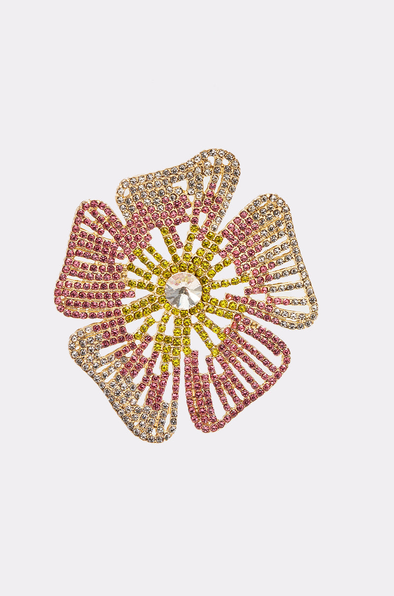 The IM JUST PRETTY EARRING features a decorative flower design with gold, pink, and yellow rhinestones and a large clear center gem—perfect to pair with any statement jewelry for a chic look. 3