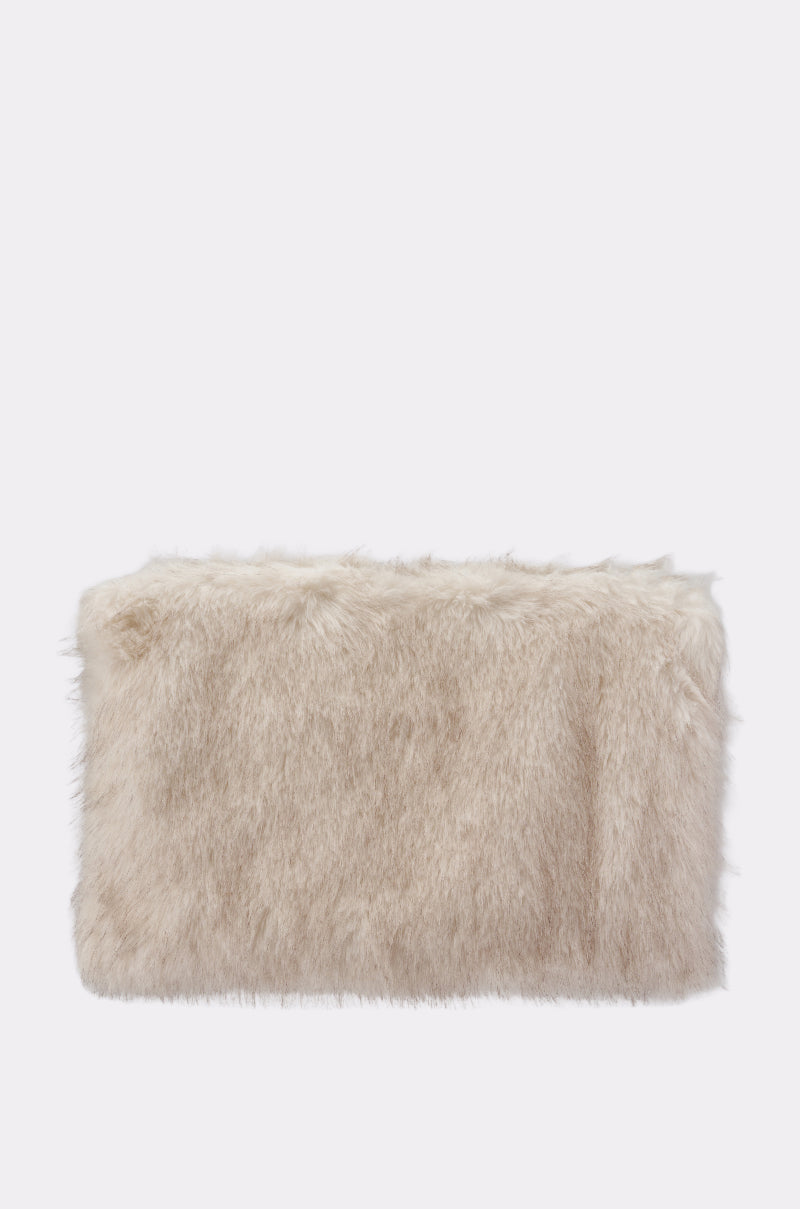 The CRU FAUX FUR OVERSIZED CLUTCH from AKIRA Label is a rectangular, beige faux fur bag shown against a plain white background—ideal for carrying your winter essentials. 1