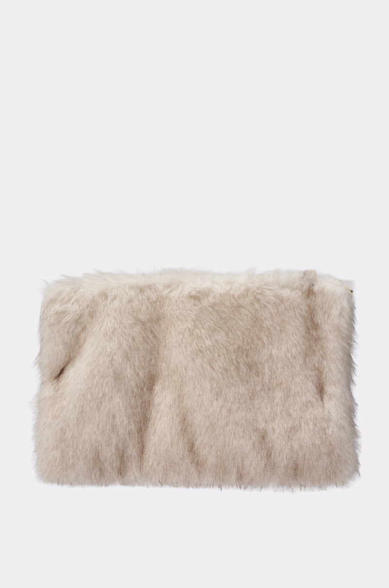 The CRU FAUX FUR OVERSIZED CLUTCH is a rectangular beige bag with a soft, fluffy texture—a stylish accessory to elevate your winter look. Shown on a plain light background. 2