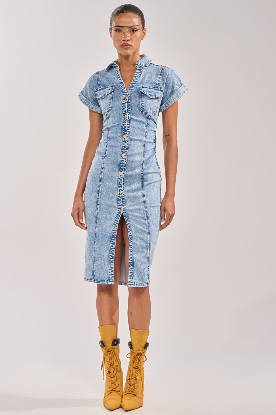 short sleeve denim midi dress Chic Plus Size for Women Short Sleeve Fashion Design 2 DAYDREAM DENIM MIDI DRESS