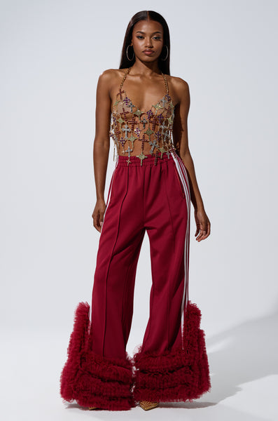 MODERN JAM TRACK PANT WITH TULLE IN BURGUNDY – AKIRA