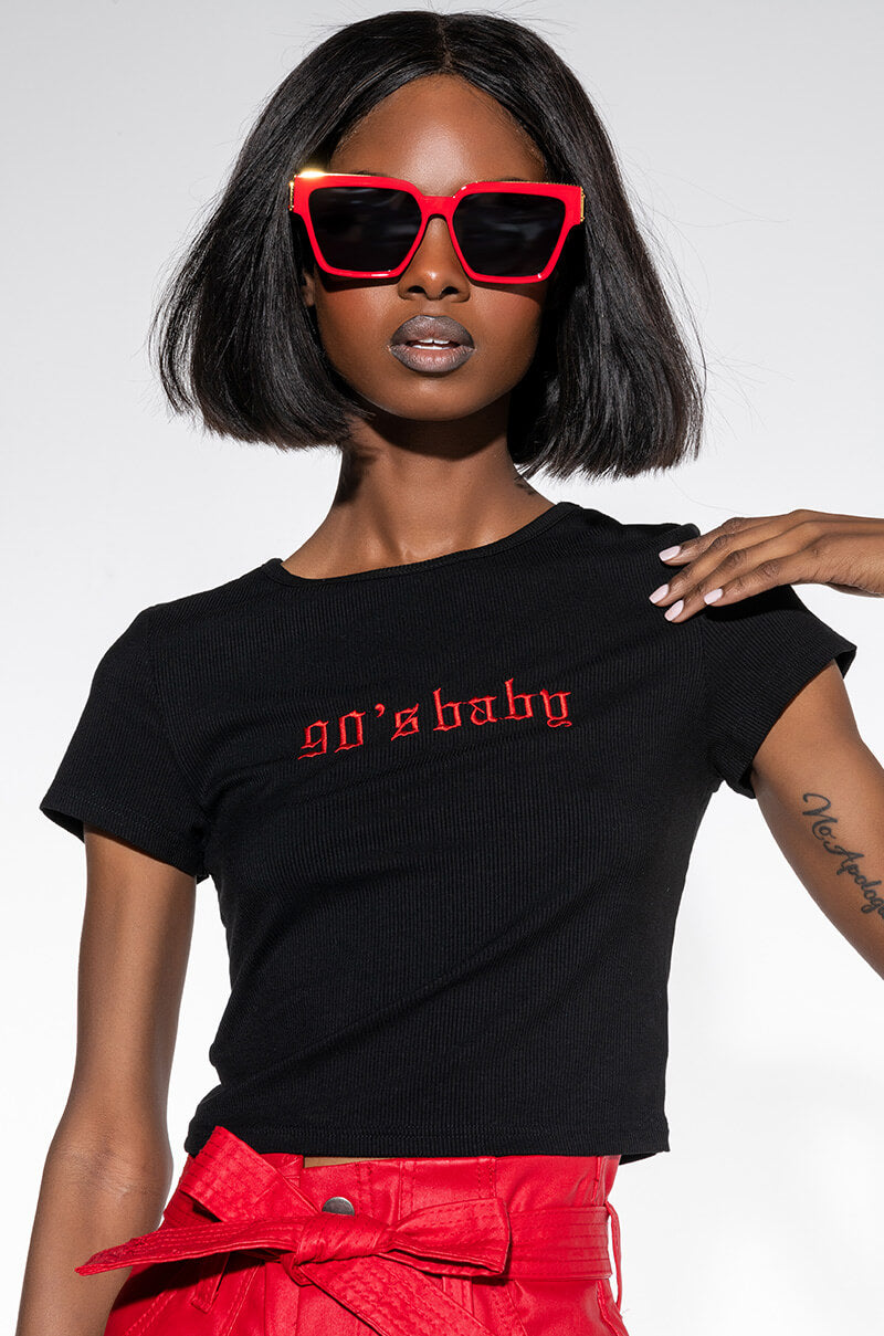 Front View 90s Baby Ribbed Short Sleeve Crop Tee