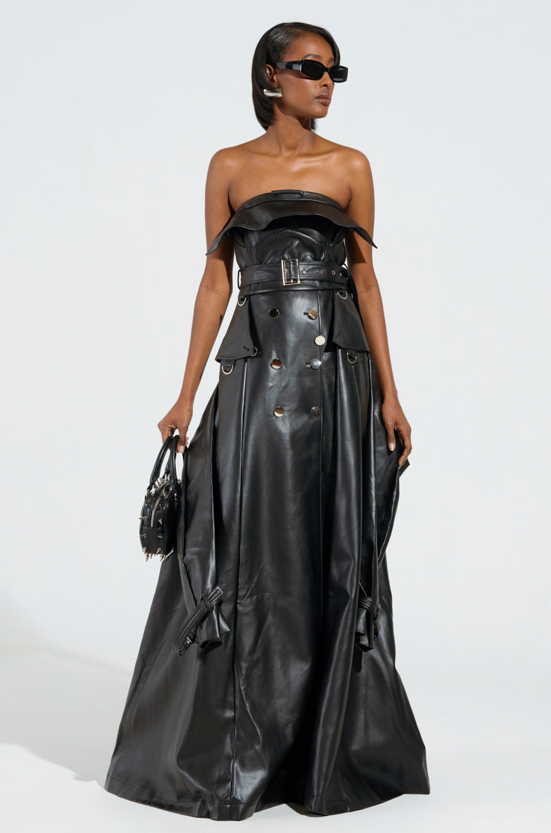 STRAPLESS TRENCH MAXI DRESS IN PU – AKIRA