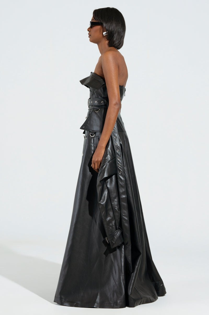 STRAPLESS TRENCH MAXI DRESS IN PU – AKIRA