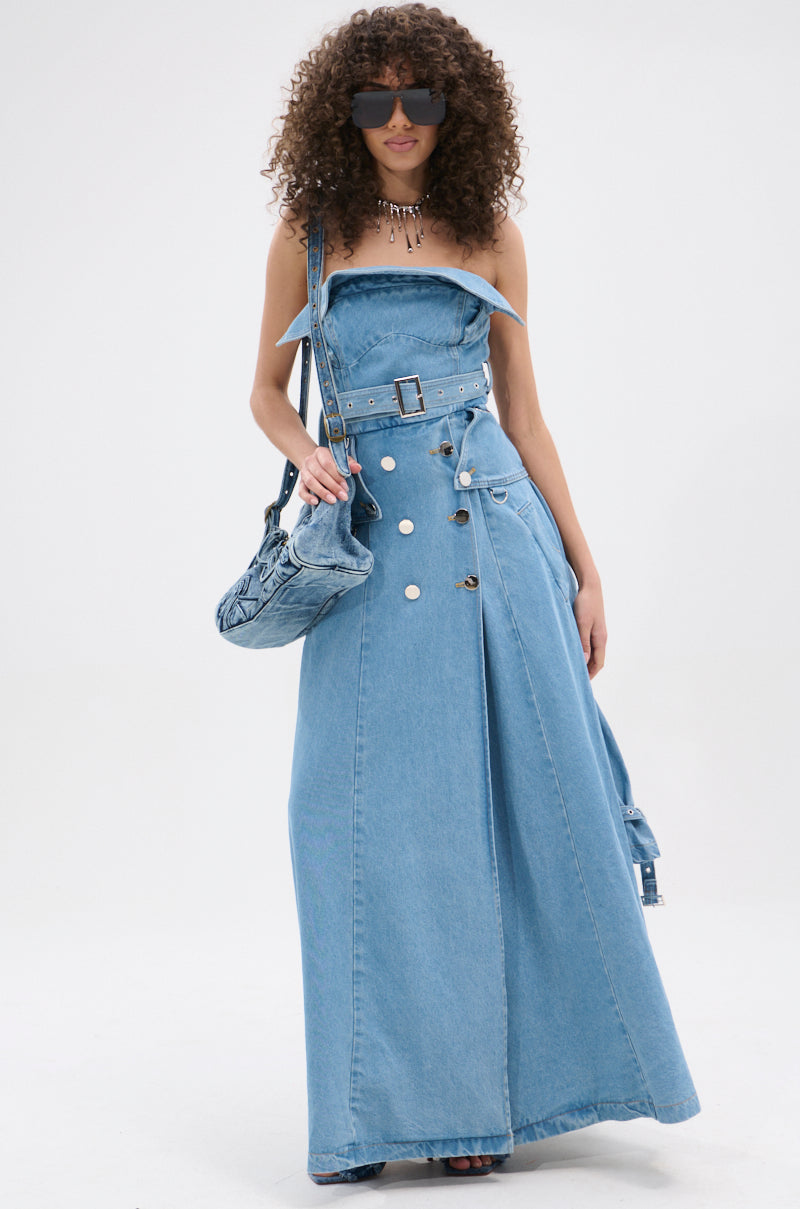 STRAPLESS TRENCH MAXI DRESS IN DENIM – AKIRA