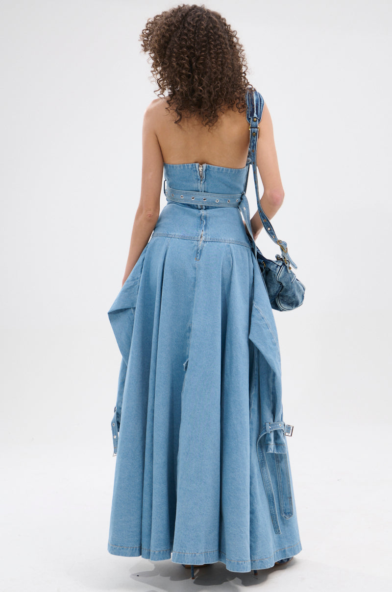STRAPLESS TRENCH MAXI DRESS IN DENIM AKIRA STRAPLESS TRENCH MAXI DRESS IN DENIM AKIRA