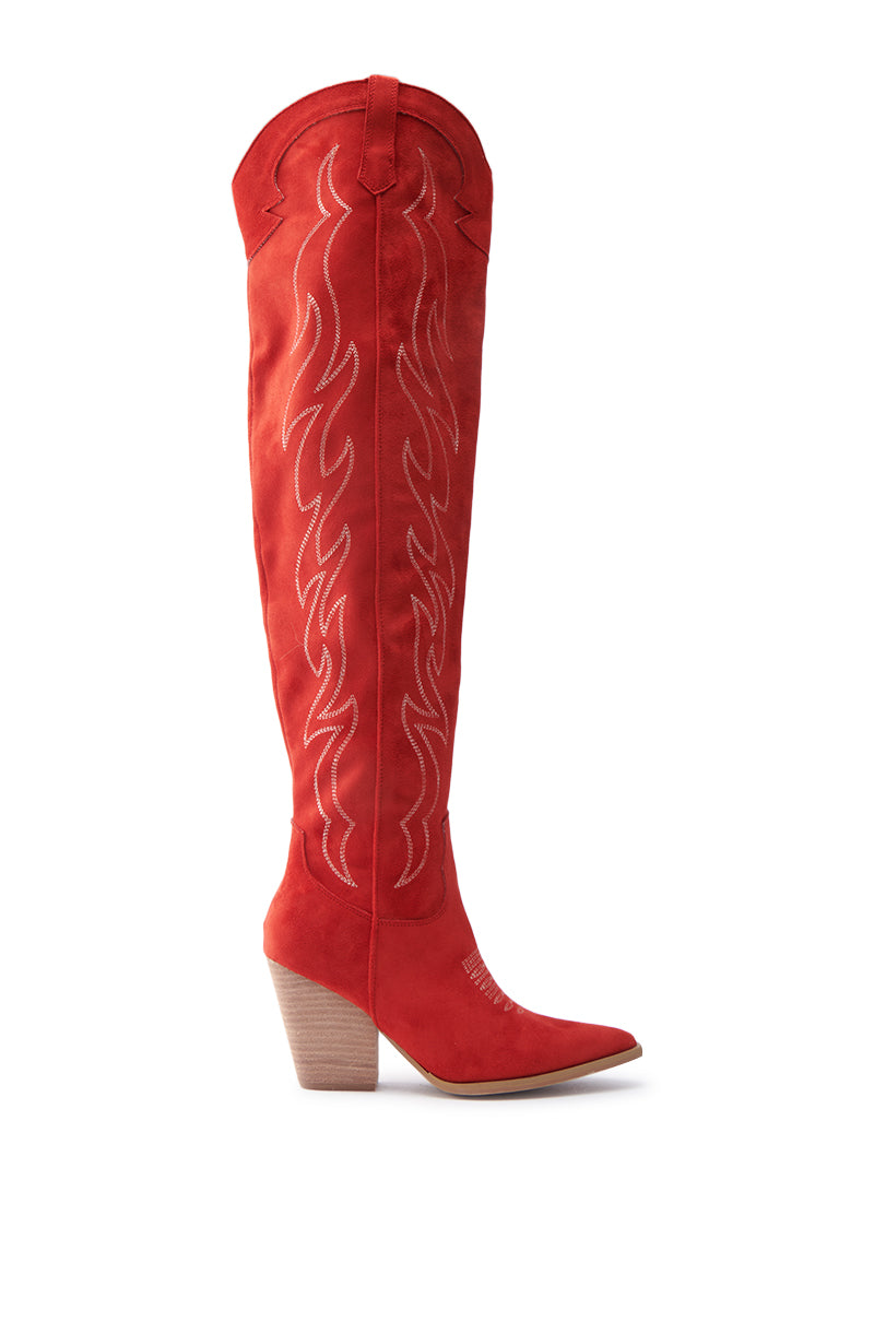 The ABBY RED HIGH SHAFT WESTERN BOOT boasts a stylish red design with a pointed toe, detailed flame-inspired embroidery, and a slanted wooden block heel crafted from faux suede. 2