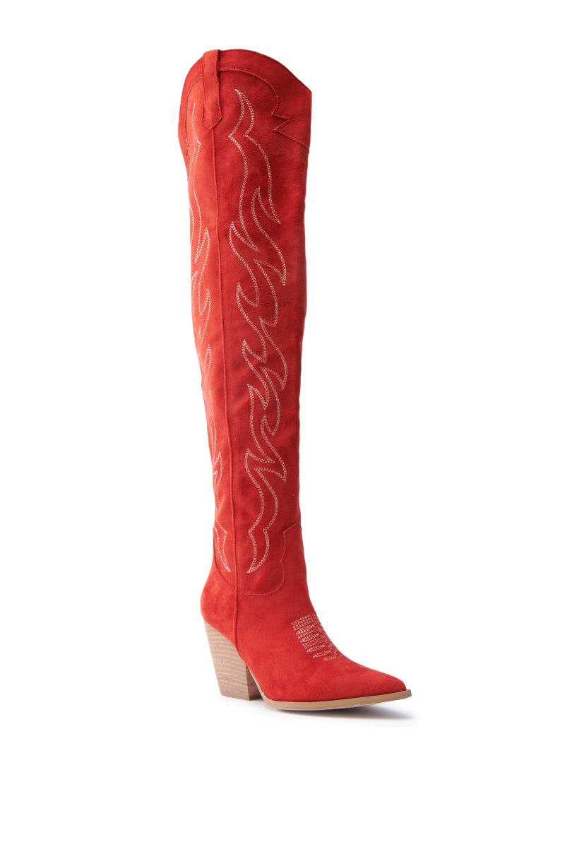 A single ABBY RED HIGH SHAFT WESTERN BOOT by Jeffrey Campbell, a thigh-high design in faux suede featuring flame-inspired embroidery along the shaft. It has a pointed toe and chunky heel, adding flair to this striking western boot. 3