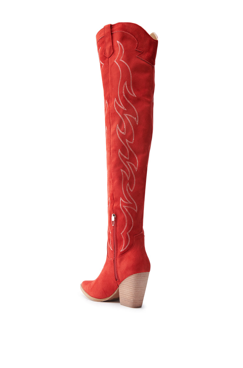 The ABBY RED HIGH SHAFT WESTERN BOOT features flame-inspired embroidery on red luxe faux suede, with a side zipper and medium heel for added style and comfort. 4