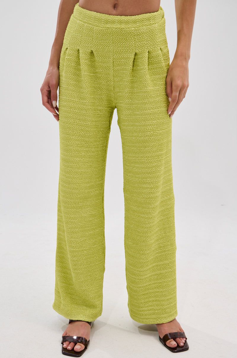 A person wearing the HOLLYWOOD SLINKY TEXTURED PALAZZO PANT IN GREEN and dark open-toe sandals stands against a plain light background, showing only their lower half.