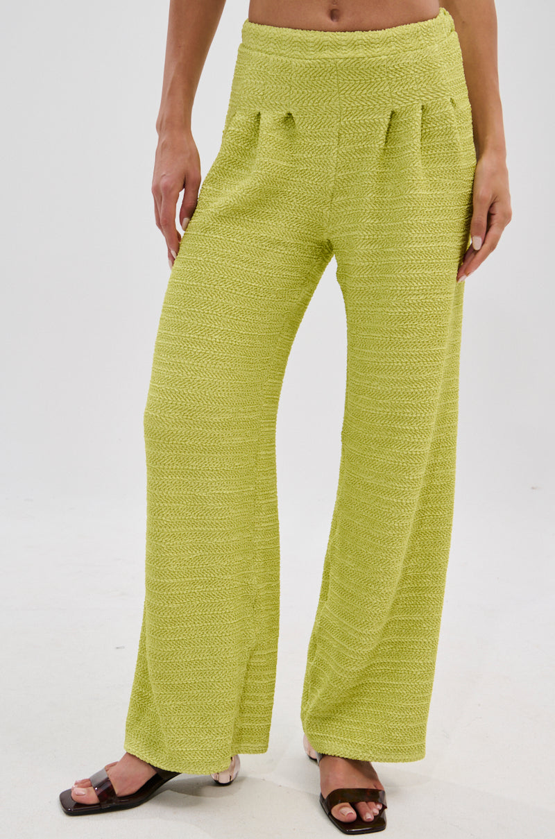 A person models the HOLLYWOOD SLINKY TEXTURED PALAZZO PANT IN GREEN—high-waisted, wide-leg pants with pleats and an elastic waistband—paired with brown heeled sandals. The upper body is mostly out of frame on a white background.