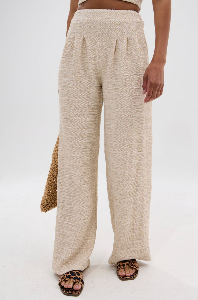 Wearing the HOLLYWOOD SLINKY TEXTURED PALAZZO PANT with a textured pattern, they carry a woven bag and wear open-toed leopard print sandals. The high-rise, wide-leg pants pop against a plain white background.