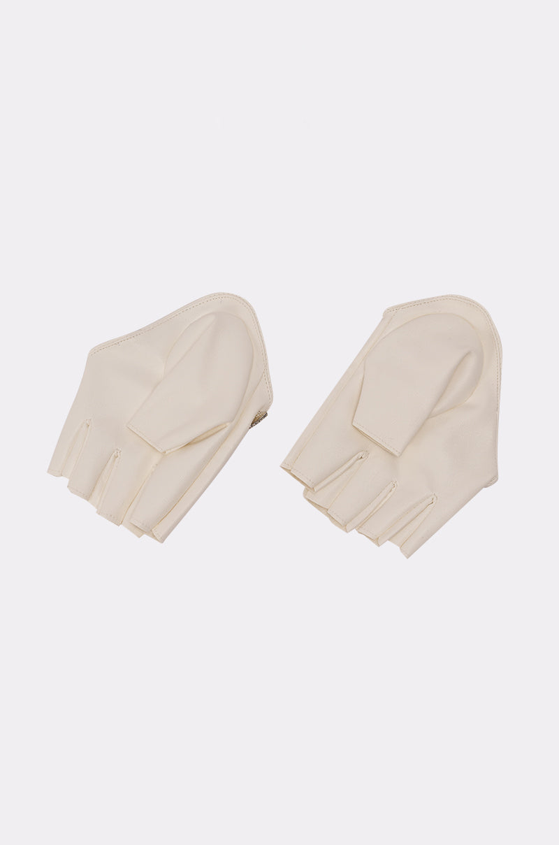 A pair of GET WITH IT GLOVES in off-white, featuring a fingerless design, faux leather material, soft inner lining, and smooth finish, shown flat on a plain white background. 3
