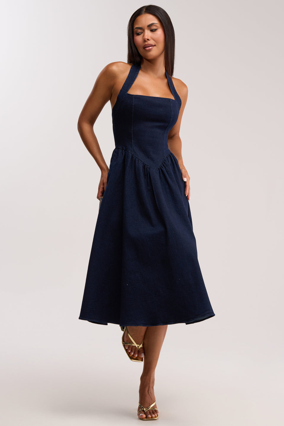 square neck halter midi dress MOON RIVER Women's Ladder Stitch Detail Halter Neck Cotton Dress - Blue