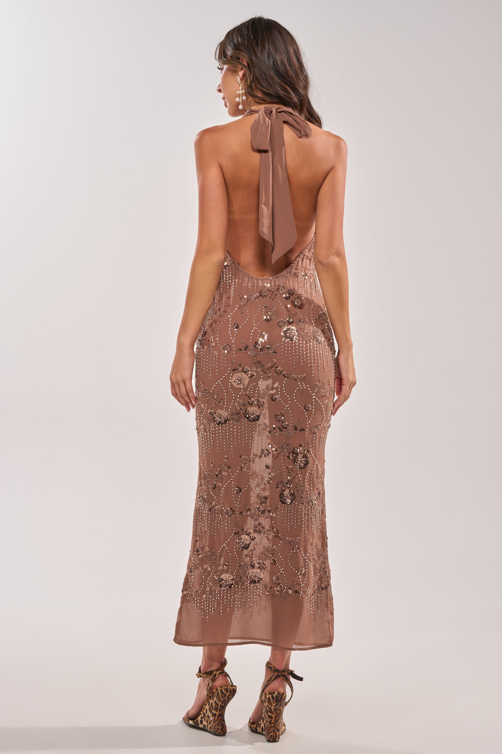 AKIRA Love Letters Embellished Maxi Dress | Brown | Size Large