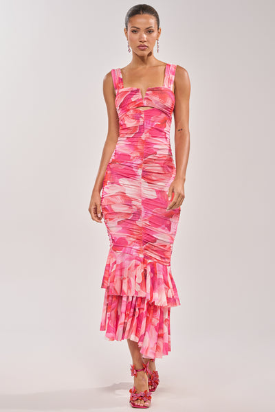 pink acid print short sleeve scoop mesh maxi dress BODY LANGUAGE MESH MAXI DRESS IN PINK – AKIRA