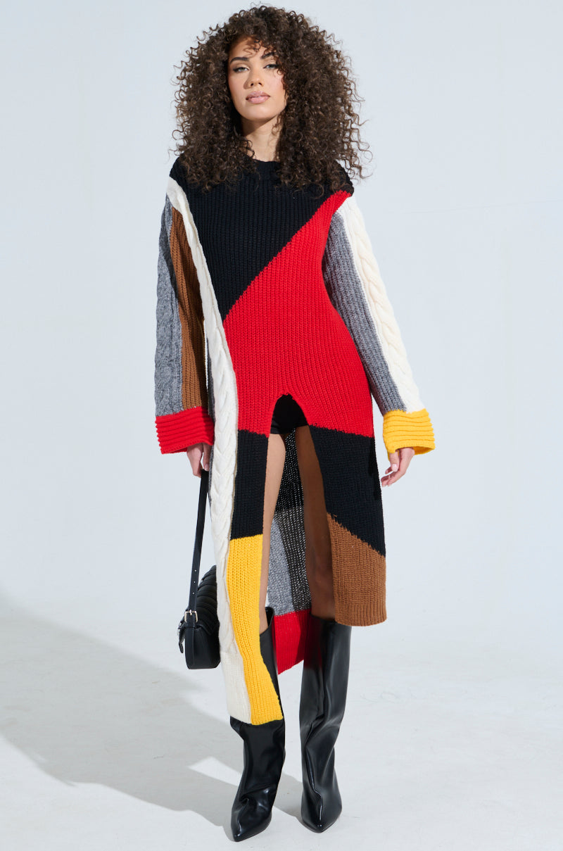 red and black sweater dress MIXED PATTERN LONG SLEEVE SWEATER DRESS – AKIRA