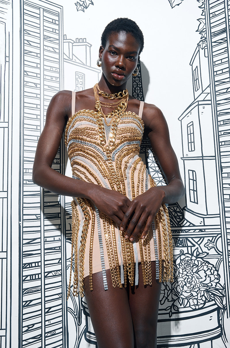 gold dress with tights GOLDEN GIRL CHAINED UP MINI – AKIRA office-outfit Color:Opulence birthday celebrations or baby Dusty Pink Satin A-line