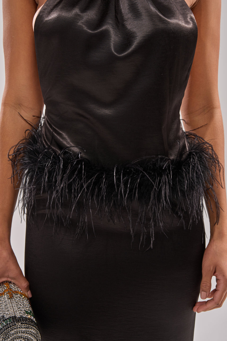 black satin dress with feathers Strapless Long Prom Dress with Feathers Black Feather / 6