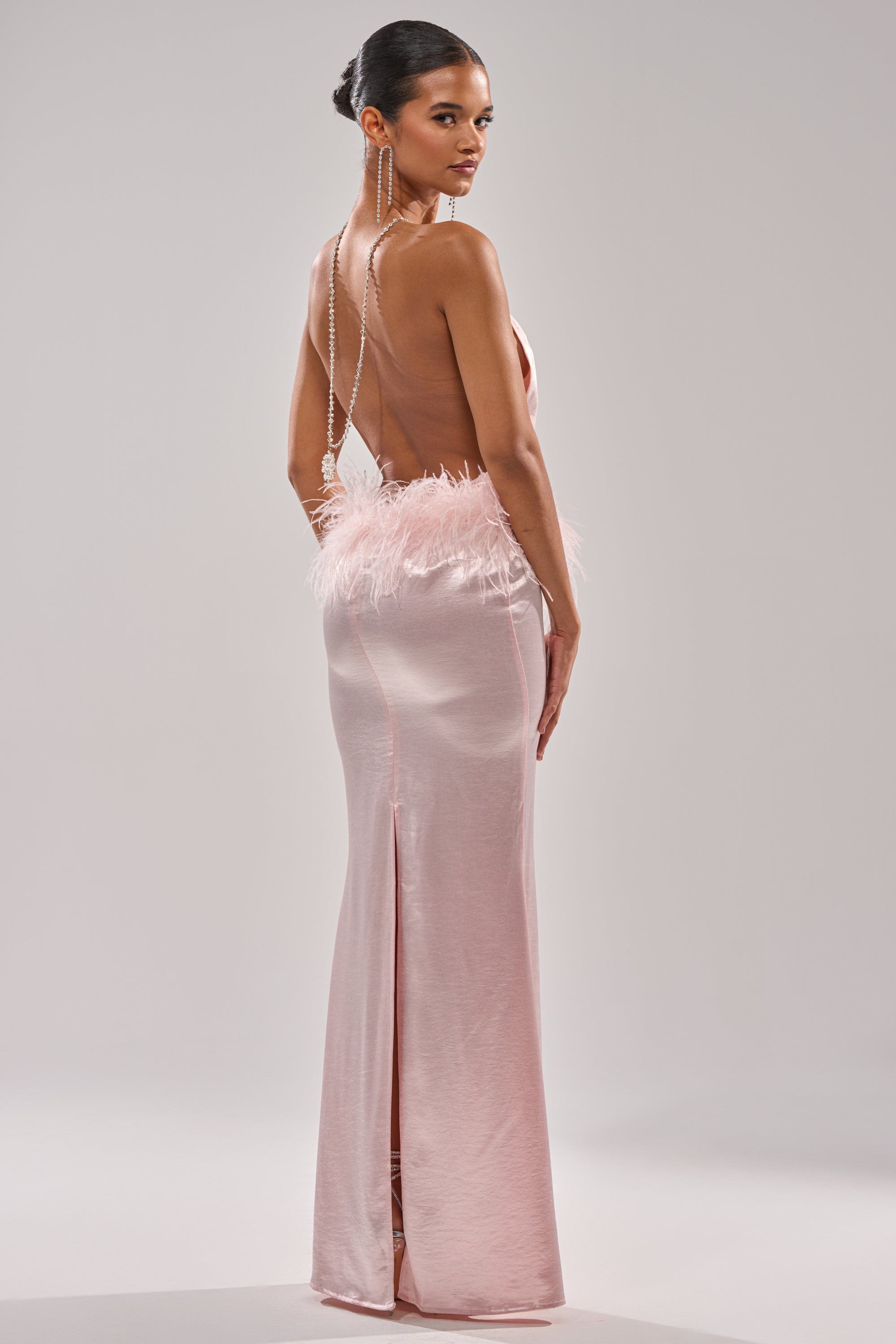 WHO IS SHE SATIN FEATHER MAXI DRESS – AKIRA