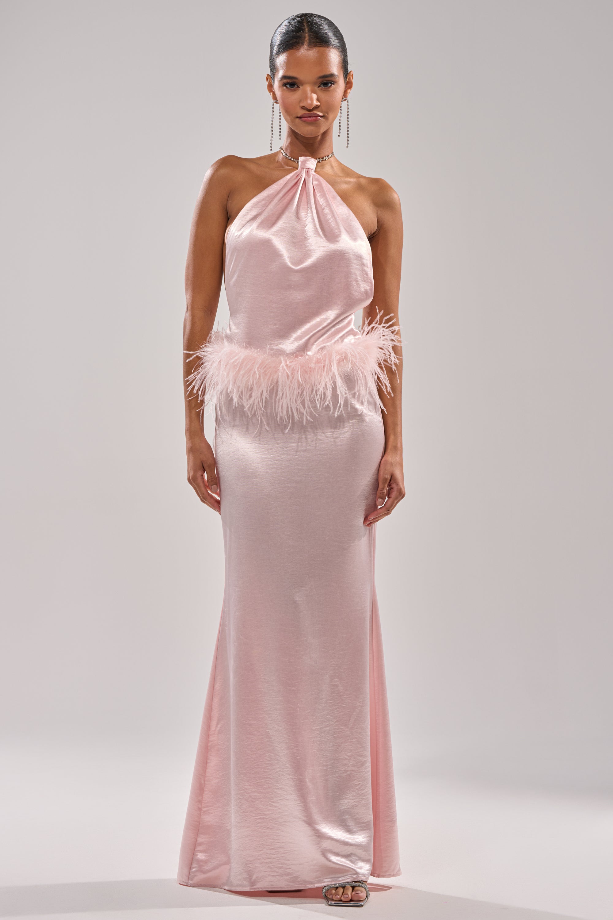 AKIRA Who Is She Satin Feather Maxi Dress