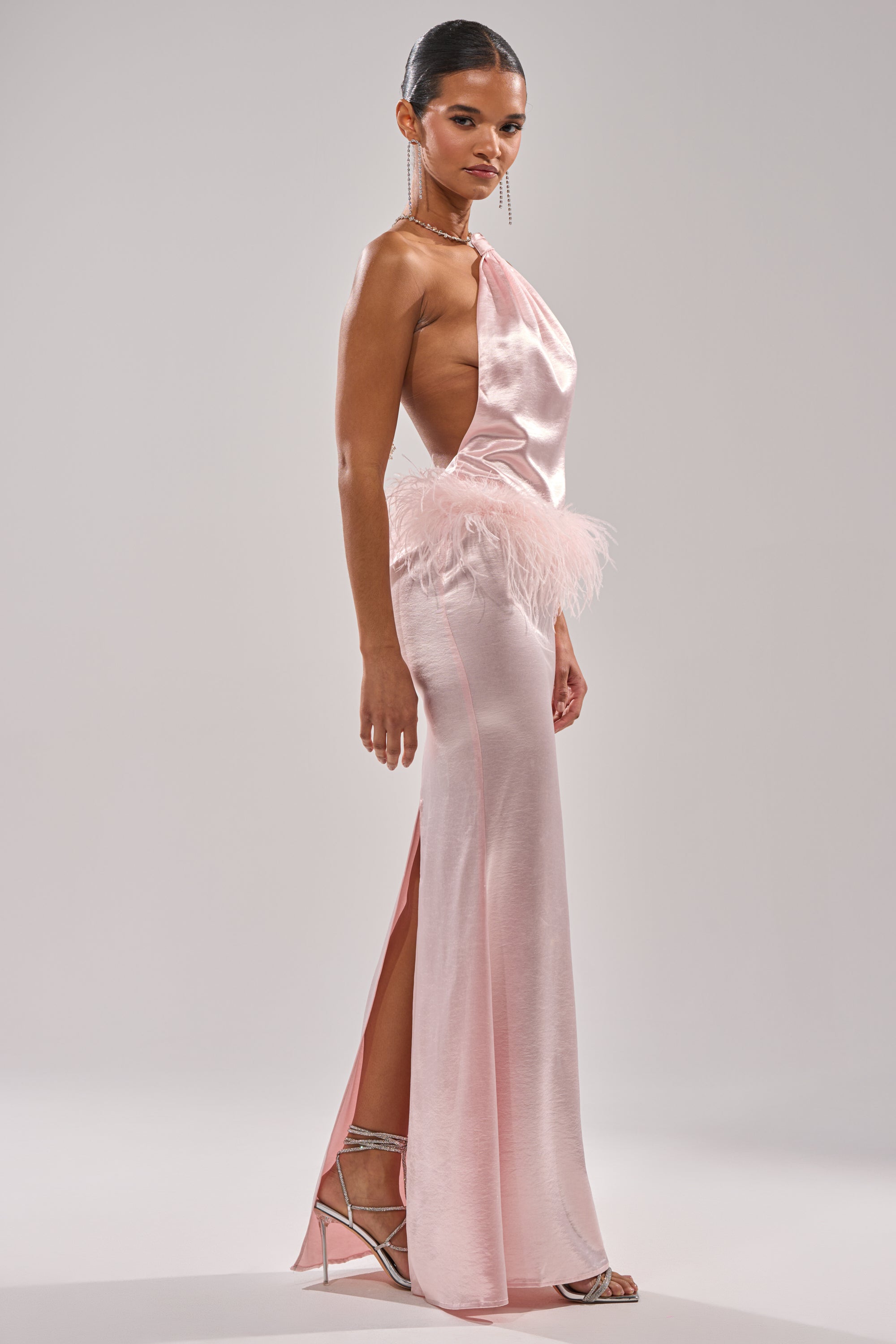 WHO IS SHE SATIN FEATHER MAXI DRESS AKIRA WHO IS SHE SATIN FEATHER MAXI DRESS AKIRA