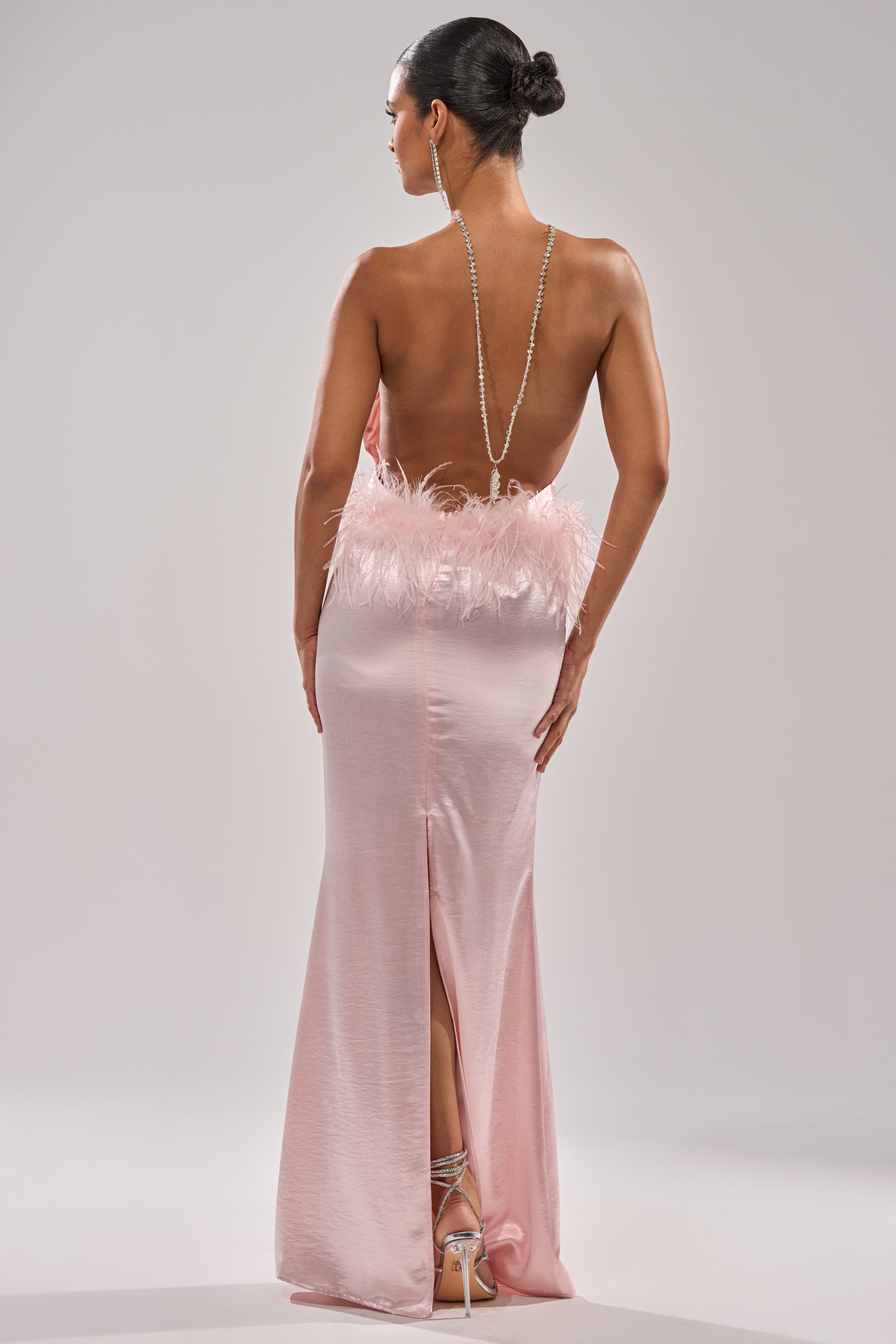 WHO IS SHE SATIN FEATHER MAXI DRESS – AKIRA