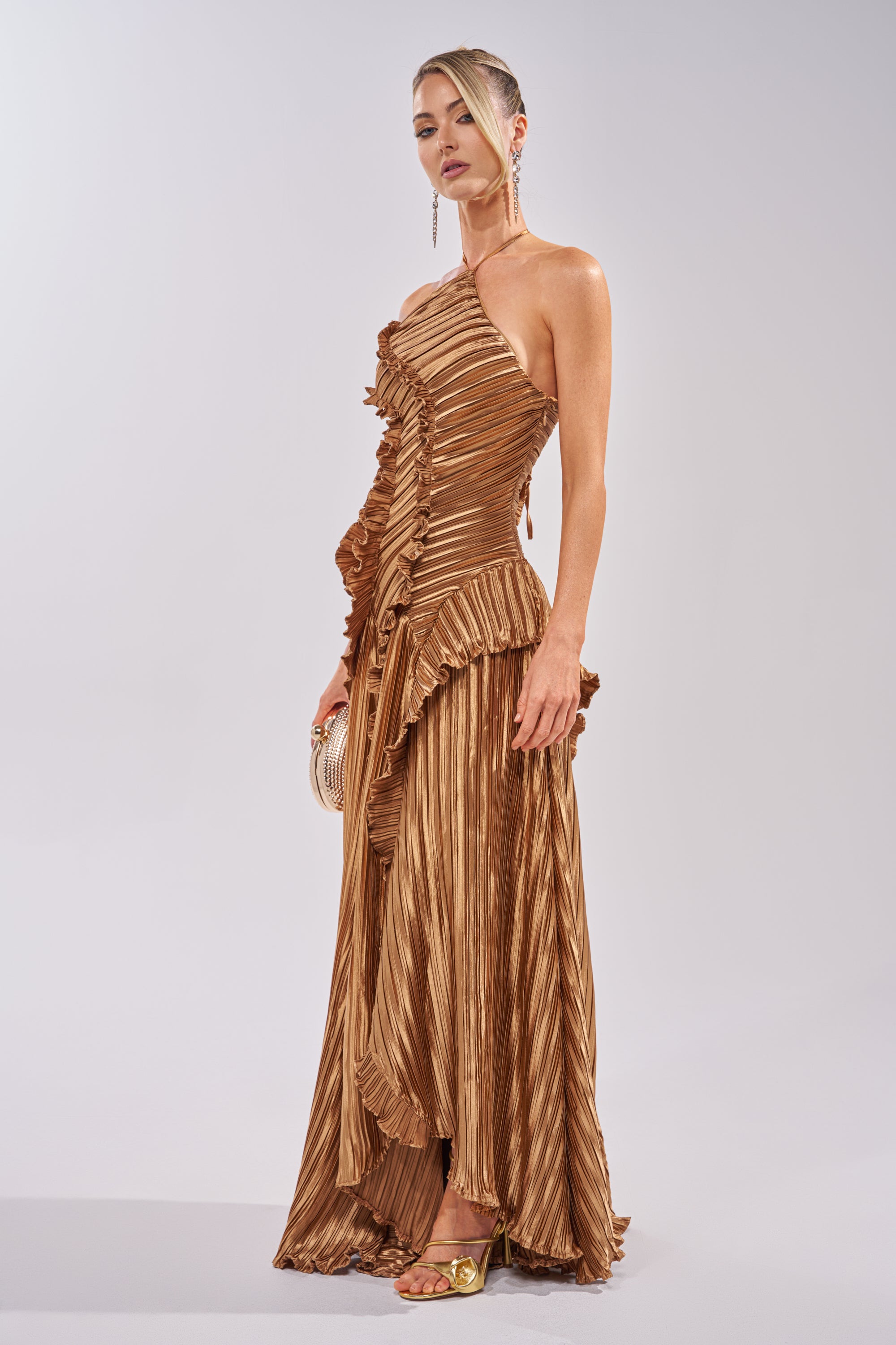 CELESTE RUFFLE MAXI DRESS IN BRONZE AKIRA CELESTE RUFFLE MAXI DRESS IN BRONZE AKIRA